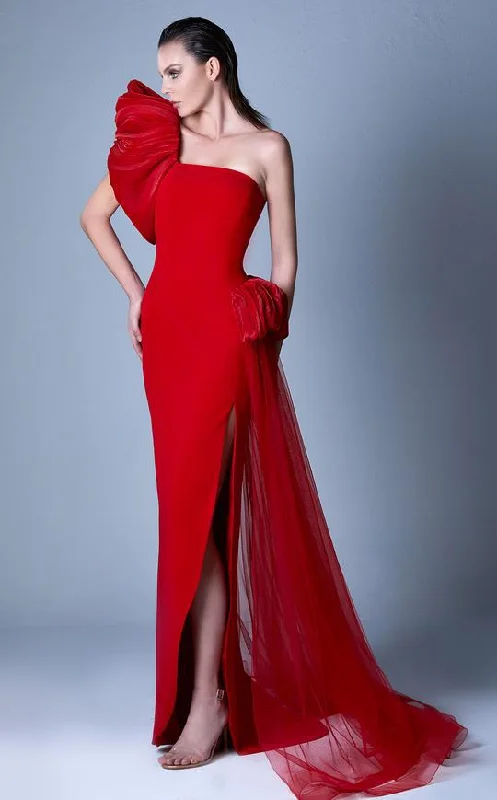 Trendy Online Boutiques MNM Couture - G1096 One Shoulder Puff Accented Sheath Gown