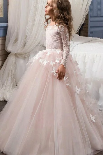 Women's Formal Apparel Tulle Bateau Long Sleeves Ball Gown Flower Girl Dress with Applique