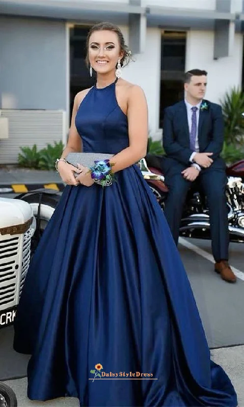 Women's Athletic Apparel Ball Gown Halter Neckline Navy Blue Prom Dress