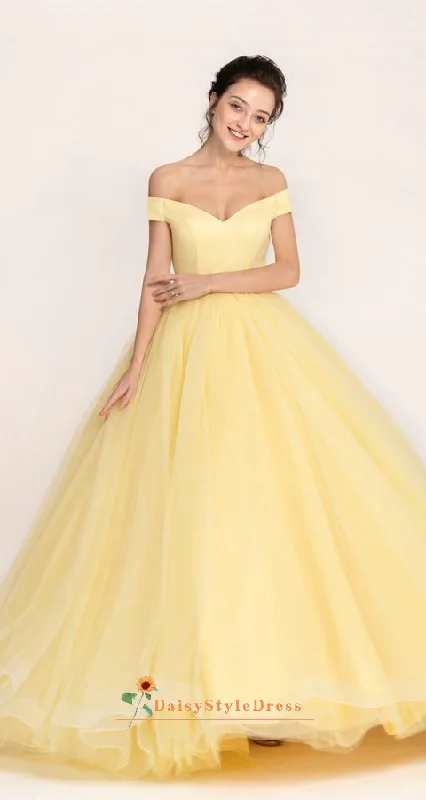 Women's Casual Apparel Ball Gown Off Shoulder Sleeves Yellow Prom Dress