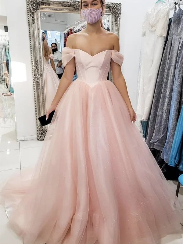 Women's Work Apparel Off Shoulder Sleeve Ball Gown Pearl Pink Prom Dress