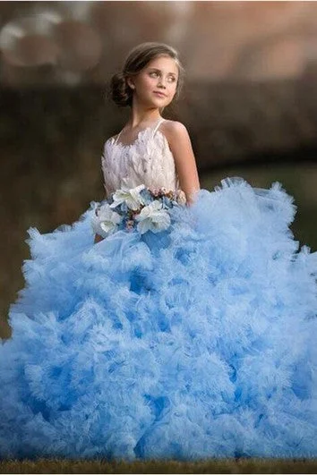 Women's Outerwear Apparel Tulle Spaghetti Cross Back Sash Bow Ball Gown Flower Girl Dress