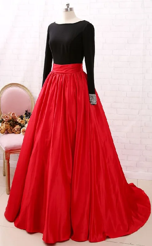 Women's Trendy Apparel Ball Gown Long Sleeve Black and Red Prom Dress