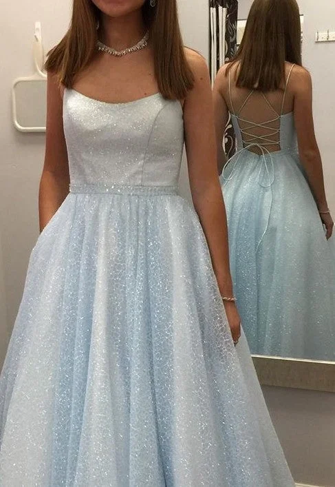 Women's Luxury Apparel Fashion Ball Gown Sparkle Light Blue Prom Dress