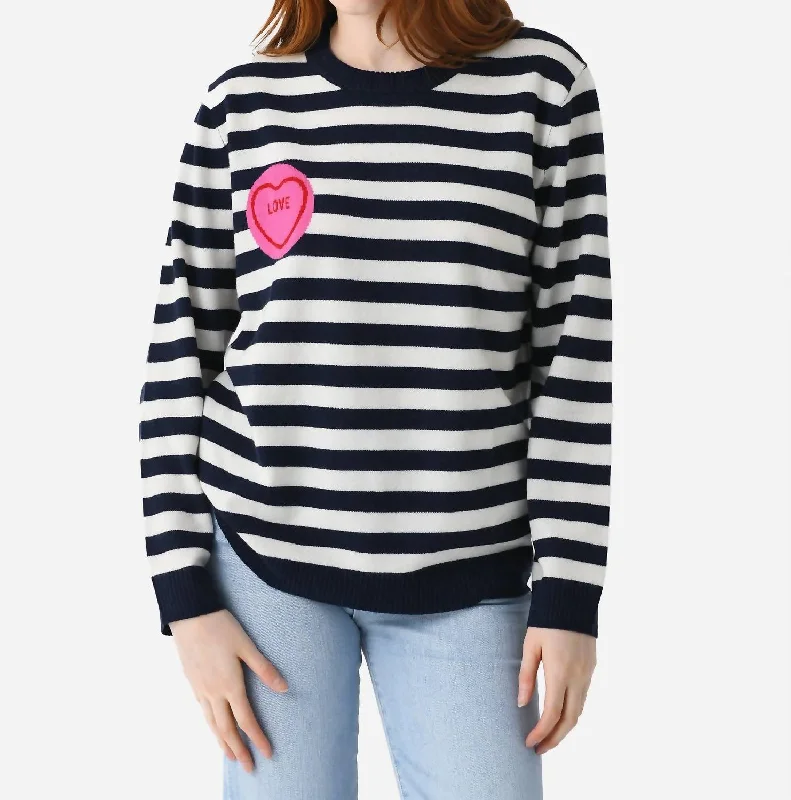 Women's Occasion Wear Clothing Stripe Love Crew Sweater In Bright White Honeysuckle