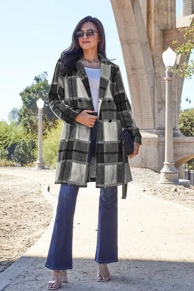 Relaxed Fit Women's Fashion Plaid Button Up Lapel Collar Coat