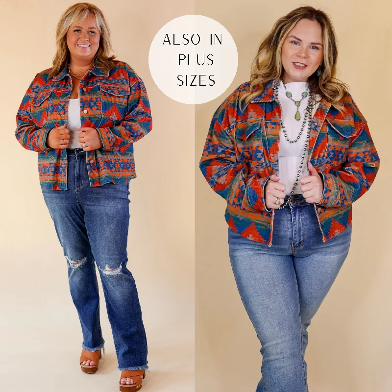 Women's Workout Clothing Edgy and Chic Button Up Corduroy Aztec Print Jacket in Red and Blue