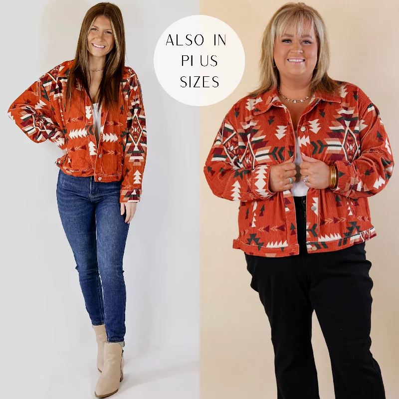 Women's Vintage-Inspired Clothing Signature Moves Aztec Print Jacket with Crystal Fringe in Rust Orange