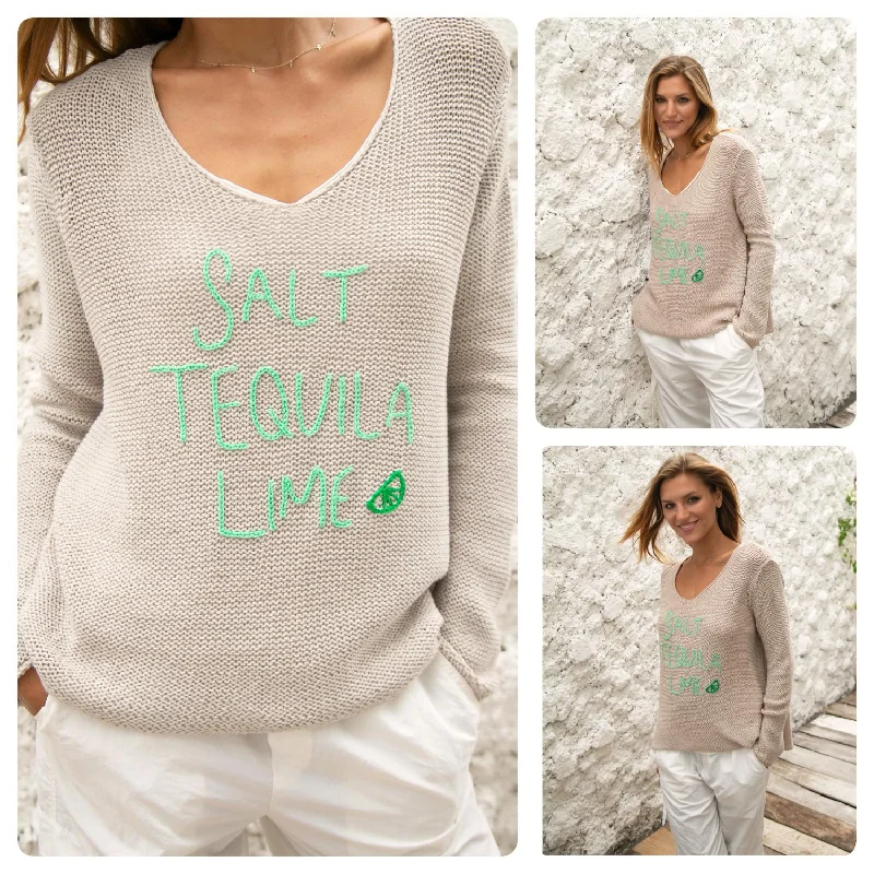 Best Boutiques Online Salt Tequila Lime V Neck Cotton Sweater In Khaki