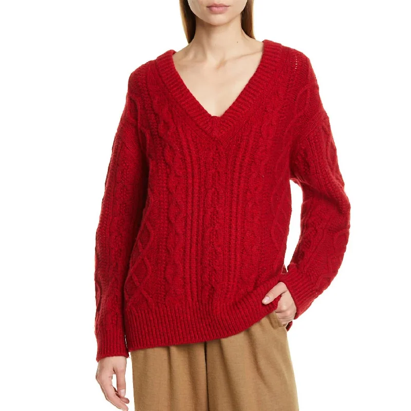 Elegant Women's Fashion V Neck Cable Knit Sweater In Cherry