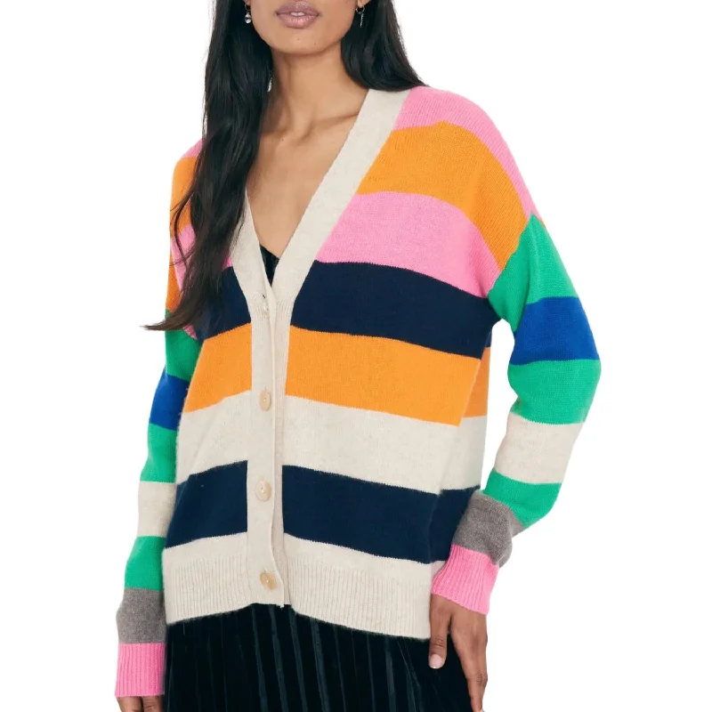 Women's Versatile Apparel Multi Stripe Boyfriend Cardigan In Buff