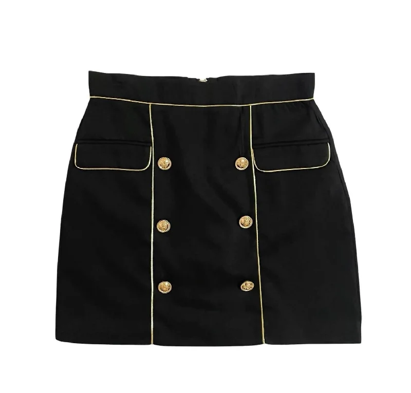 VIP Member Discount Women's Mini Skirt With Gold Trim And Buttons In Black