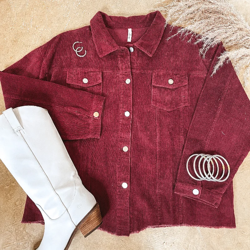 Unique Women's Fashion Pieces Out For A Drive Button Up Corduroy Shacket in Maroon