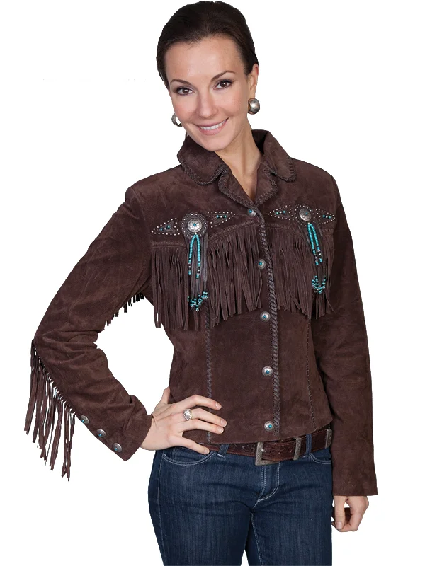 Women's Charming Outfit For Events Scully Leather Womens Beaded Fringe Conchos Boar Suede Jacket Chocolate