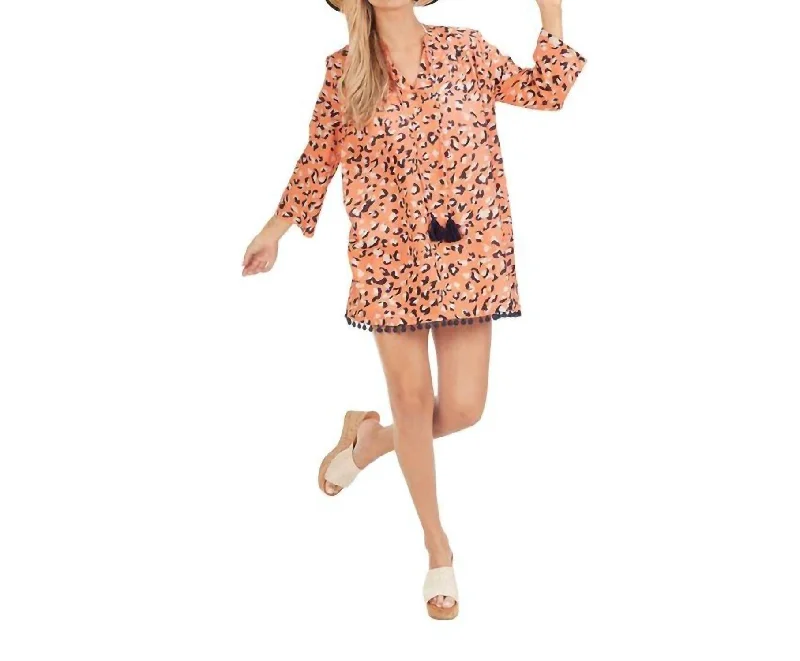 Women's Cozy Outfit For Lounging Lacey Pom Pom Cover Up In Peach Leopard