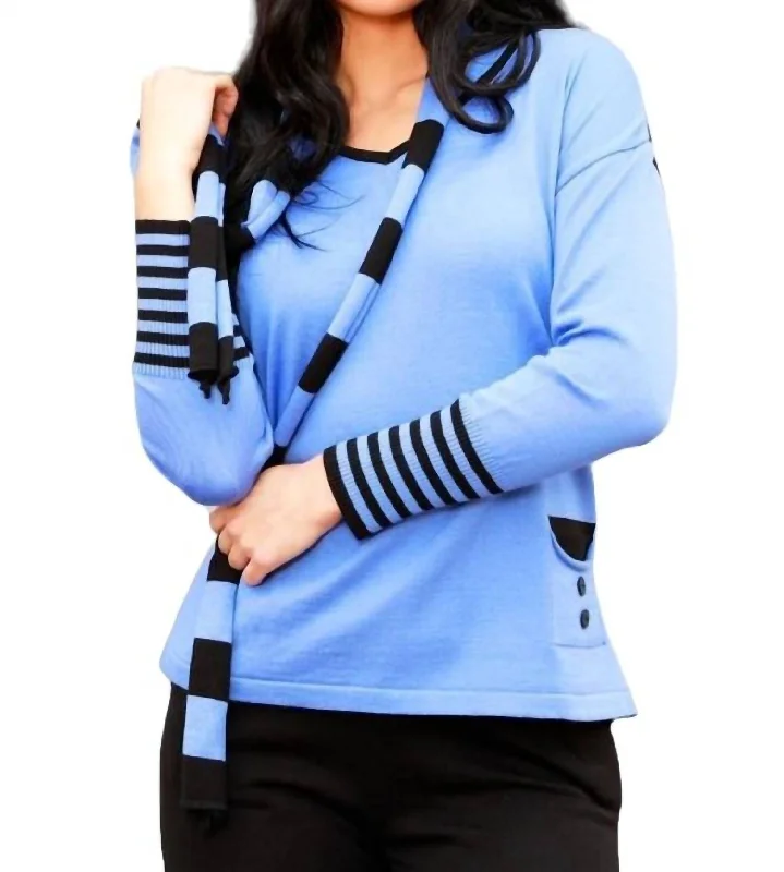 Holiday Special Offers V-Neck Sweater With Scarf In Periwinkle/black