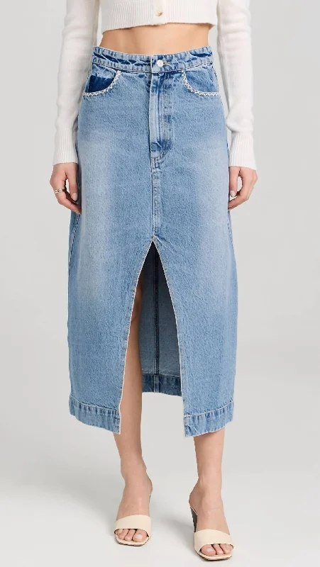 Affordable Online Boutiques Marion Mended Denim Maxi Skirt In Blue