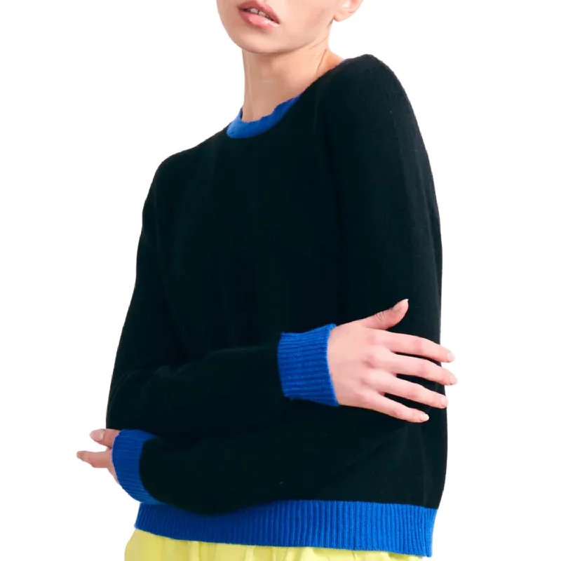 Women's Transitional Apparel Contrast Cashmere Crew In Black And Bright Blue