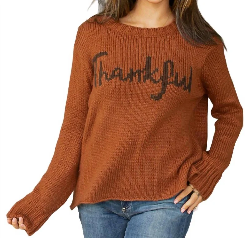 Women's Travel Apparel Thankful Crew Chunky Pullover Sweater In Hickory/dark Leather