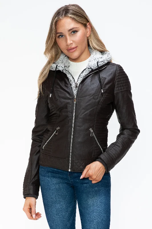 Clothing Woman Faux Layered Double-Zipper Jacket with Fuzzy Hood