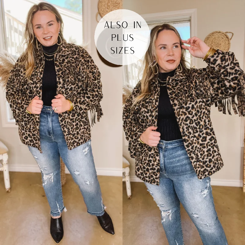 Elegant Women's Clothing Online Take Over Leopard Print Button Up Jacket with Fringe in Brown