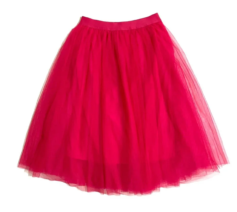 Fashionable Women's Clothes Women's Tulle Elastic Waist Midi Skirt In Hot Pink