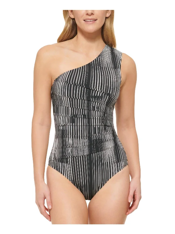 Women's Contemporary Clothing Womens Striped One-Shoulder One-Piece Swimsuit