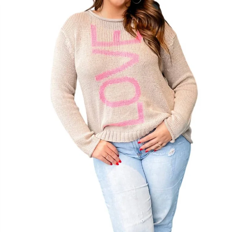 Women's Fashion Clothing Love Cotton Crew Sweater In Pink/khaki