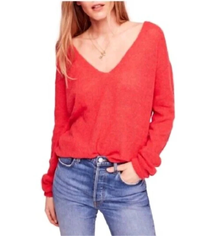 Clothing Sales Coral Knit Gossamer V-Neck Sweater In Red