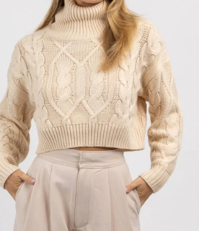 Women's Clothing Outfit Set Cableknit Turtleneck Crop Sweater In Neutral