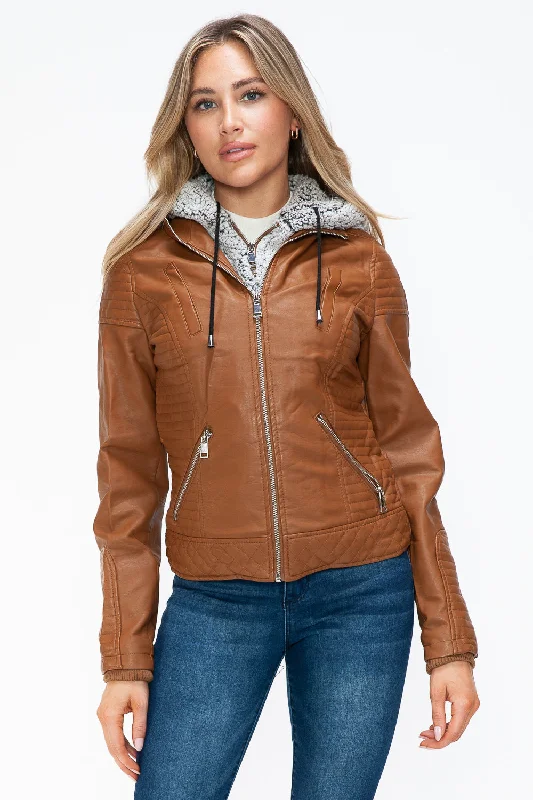 Sale For Women Faux Layered Double-Zipper Jacket with Fuzzy Hood