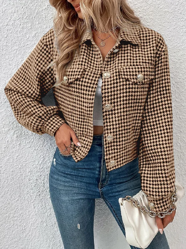 Women's Casual Wear Clothing Houndstooth Collared Neck Button Up Jacket