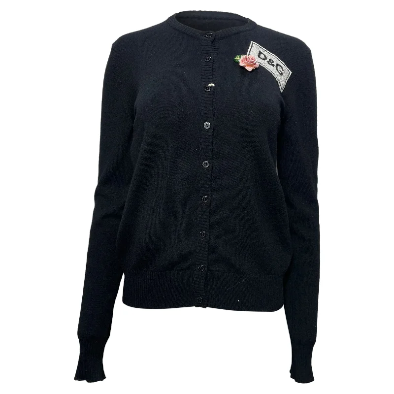 Women's Athletic Garments Dolce & Gabbana Logo with Flower Brooch Cardigan in Black Wool