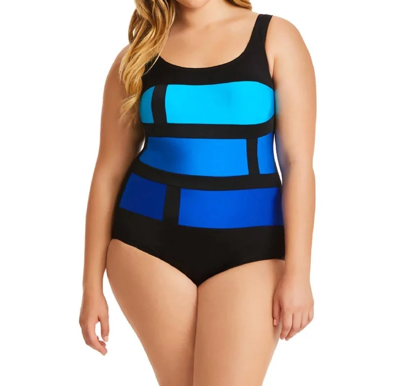 Women's Attire Color Block One Piece Swimsuit - Plus In Stained Glass Blue