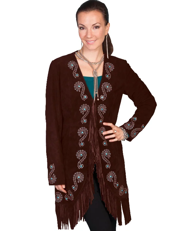 Women's Office Attire Scully Leather Womens Fringe Silver Embroidered Boar Suede Jacket Expresso