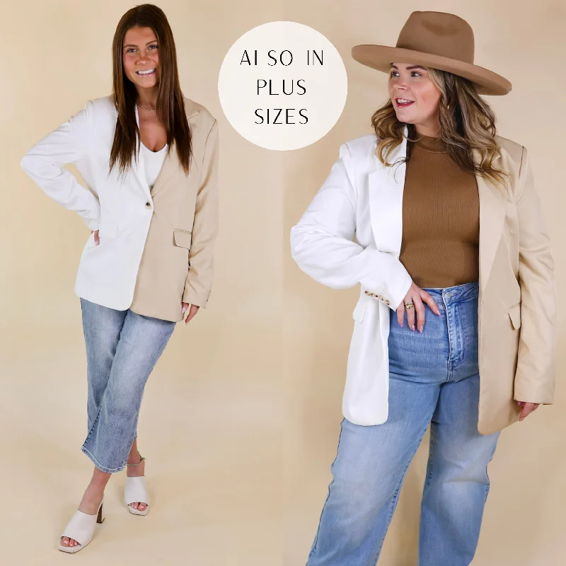 Luxury Women's Clothing Expect First Class Long Sleeve Color Block Blazer in Beige and White