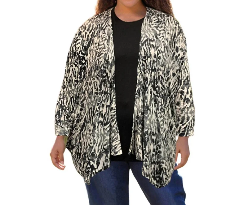 Outfits For Girls Long Sleeve Draped Cardigan - Plus In Black/white Leopard