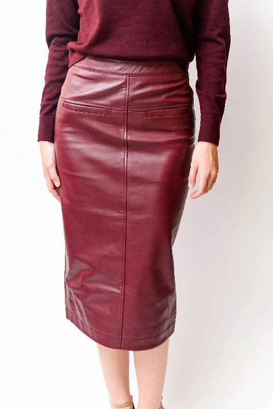 Classic Women's Clothing Styles Leather Midi Skirt In Cranberry