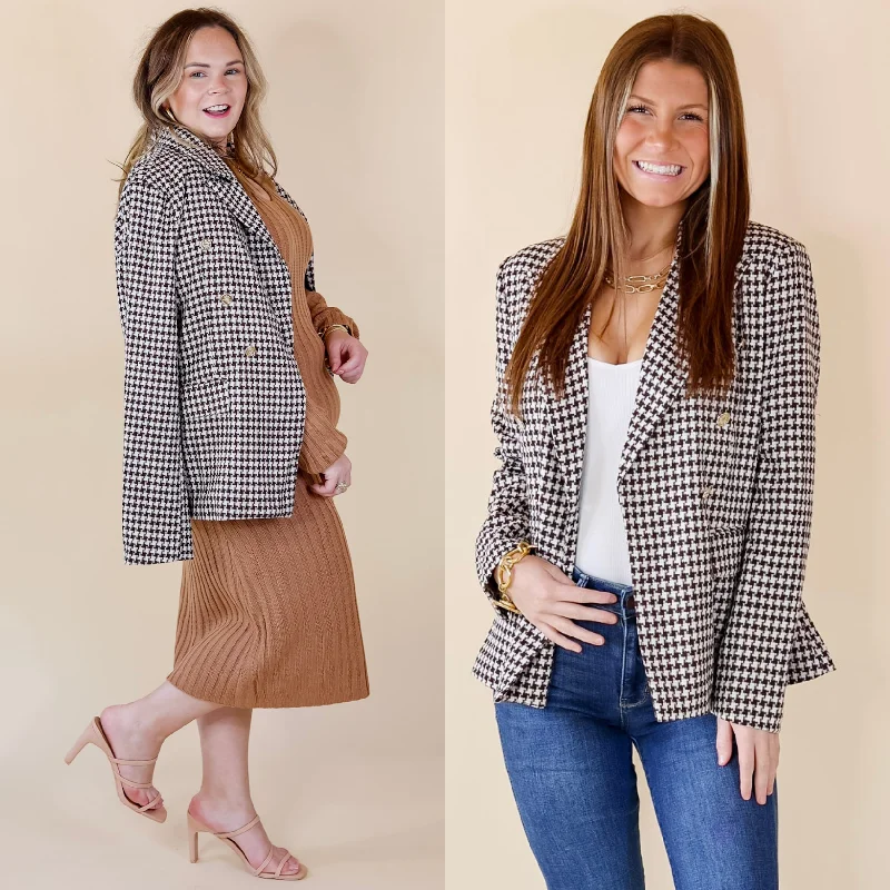 Women's Sporty Clothes Shot Of Espresso Houndstooth Blazer with Gold Buttons in Brown