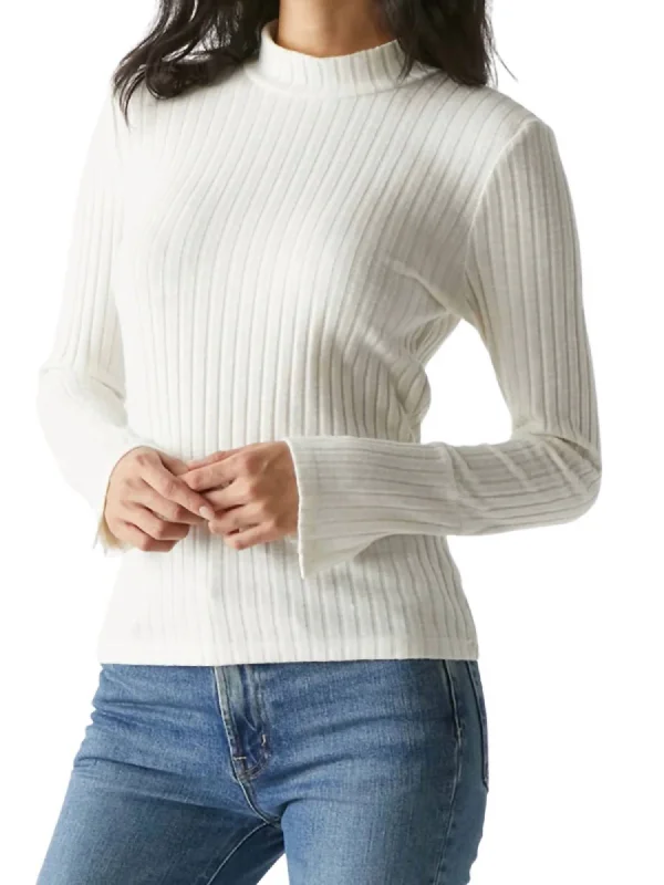 Women's Clothing For Holiday Travel Opal Button Cuff Long Sleeve Ribbed Turtleneck Top In Chalk