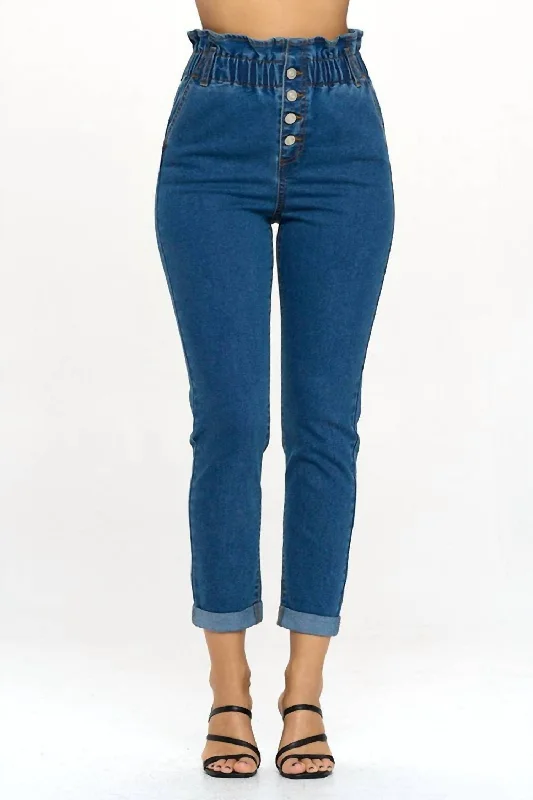 Women Wear Online Paperbag Smocked Waist Buttonfly Jeans In Denim