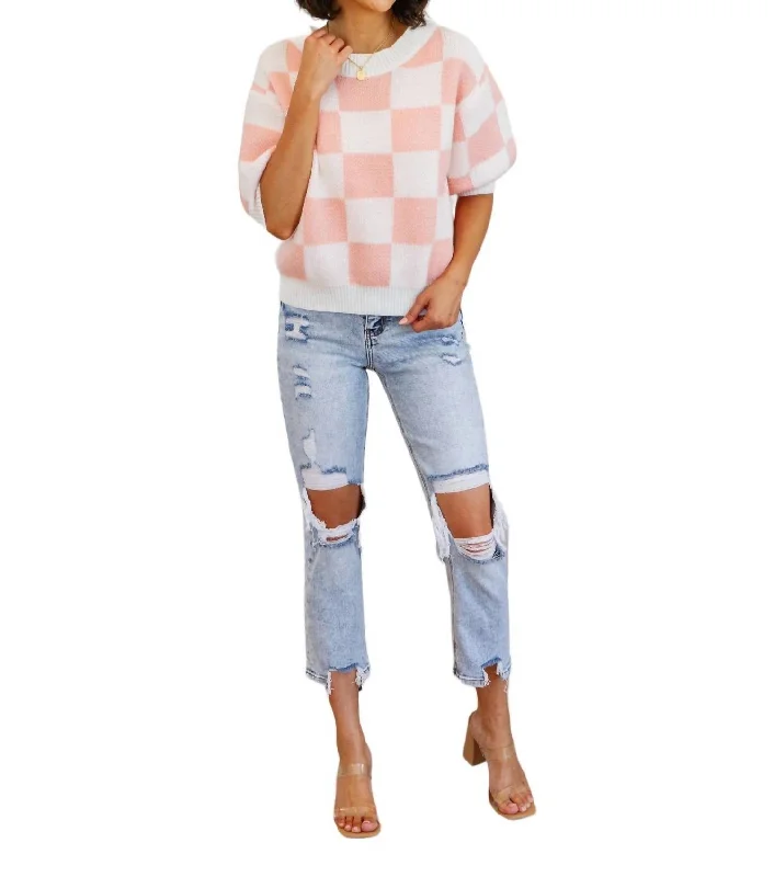 Online Clothing Boutiques Start Me Up Checkered Sweater In Pink And White