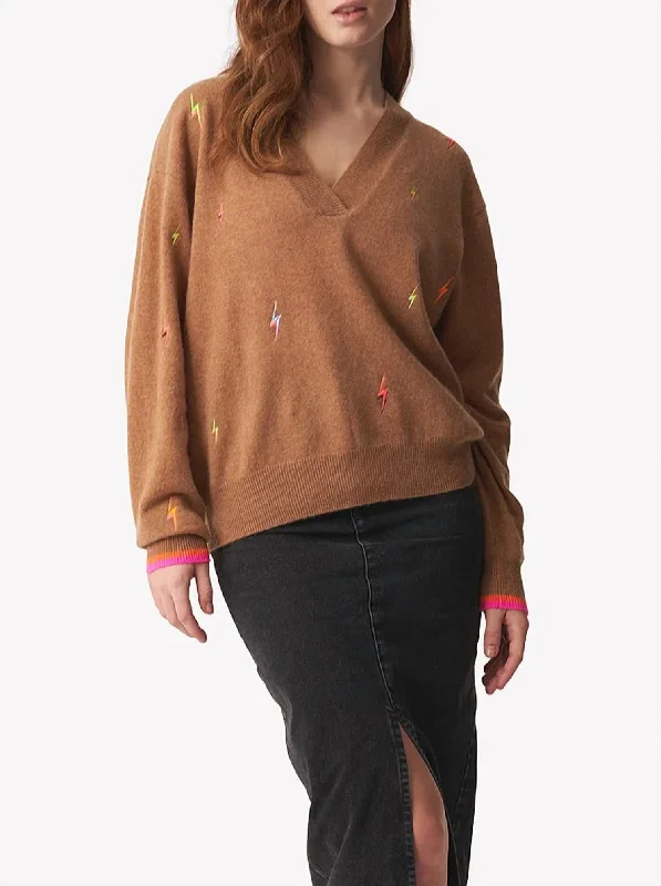 Clothing Sales Lightning Bolt V Neck Sweater In Chestnut