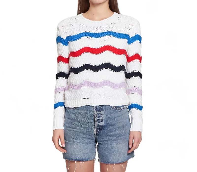 Women's Clothing With Trendy Designs Wavy Stripe Crew Sweater In White Brights