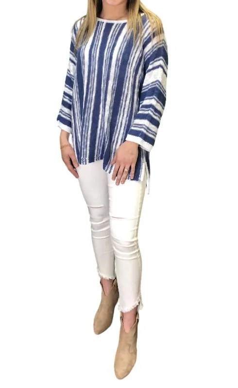 Affordable Women's Apparel 3/4 Stripe Sweater In Blue