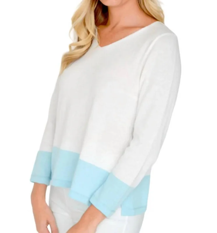 Fashionable Dresses for Women Two Tone 3/4 Sleeve Sweater In White/blue