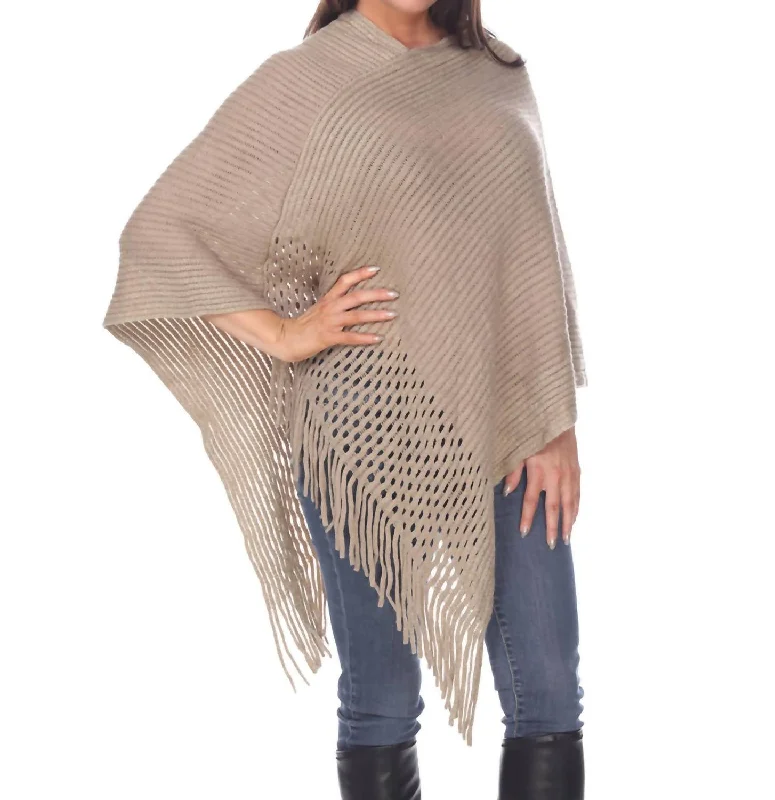 Versatile Women's Fashion Sansa Gold Knit Fringe Poncho In Beige