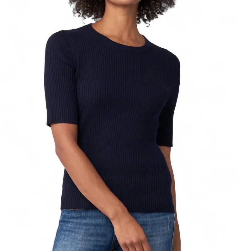 Women's Trendy Clothes Short Sleeve Fine Rib Crew Sweater In Navy