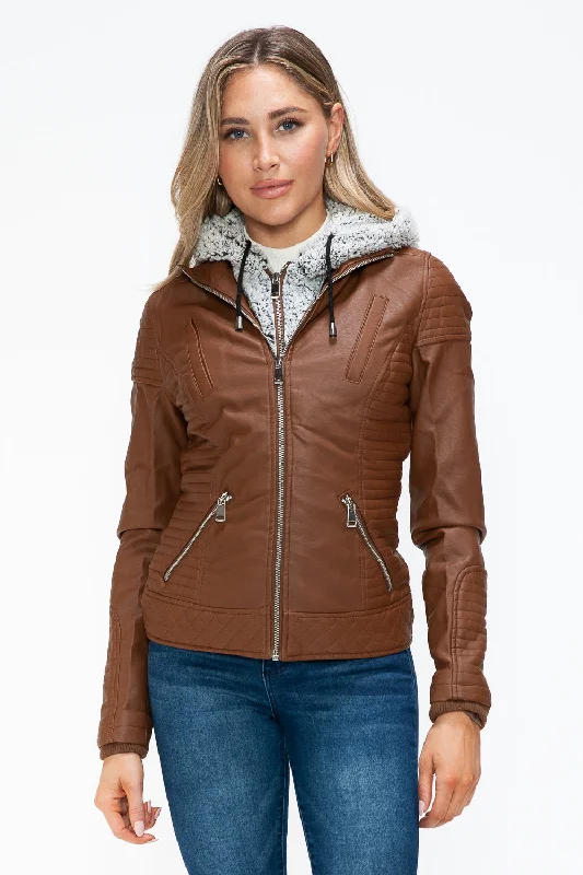 Flash Sale Online Faux Layered Double-Zipper Jacket with Fuzzy Hood