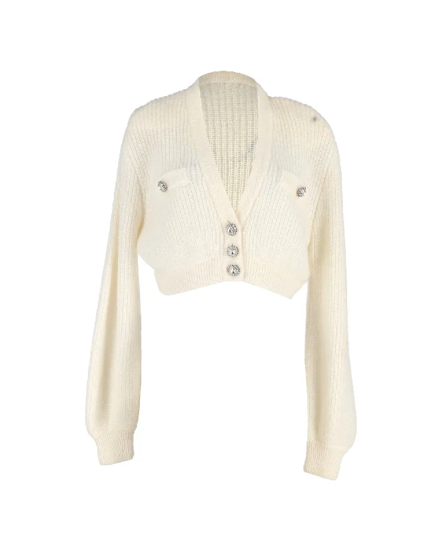 Women's High Street Fashion Alessandra Rich Crystal-Button Cropped Cardigan in Cream Wool